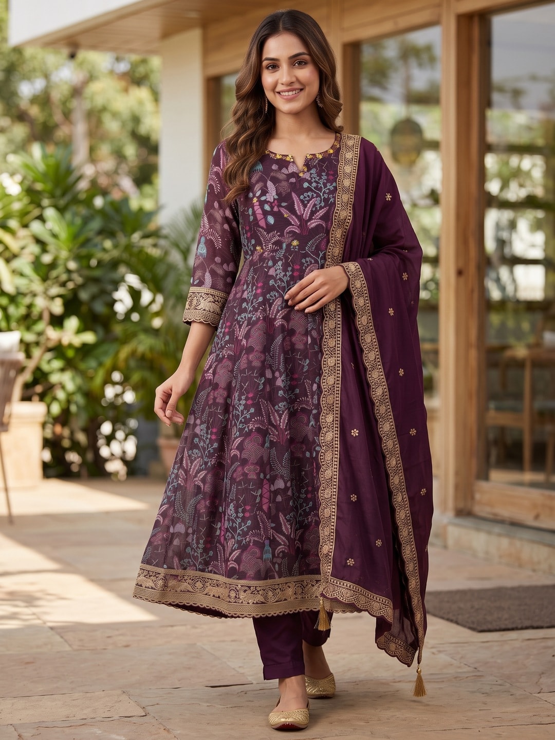 Peachmode Wine Chinon Blend Printed Anarkali Salwar Suit With Embroidered Dupatta - Image 2