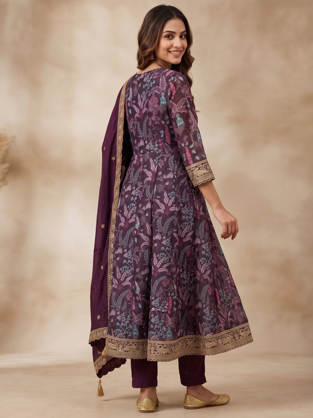 Peachmode Wine Chinon Blend Printed Anarkali Salwar Suit With Embroidered Dupatta - Image 4