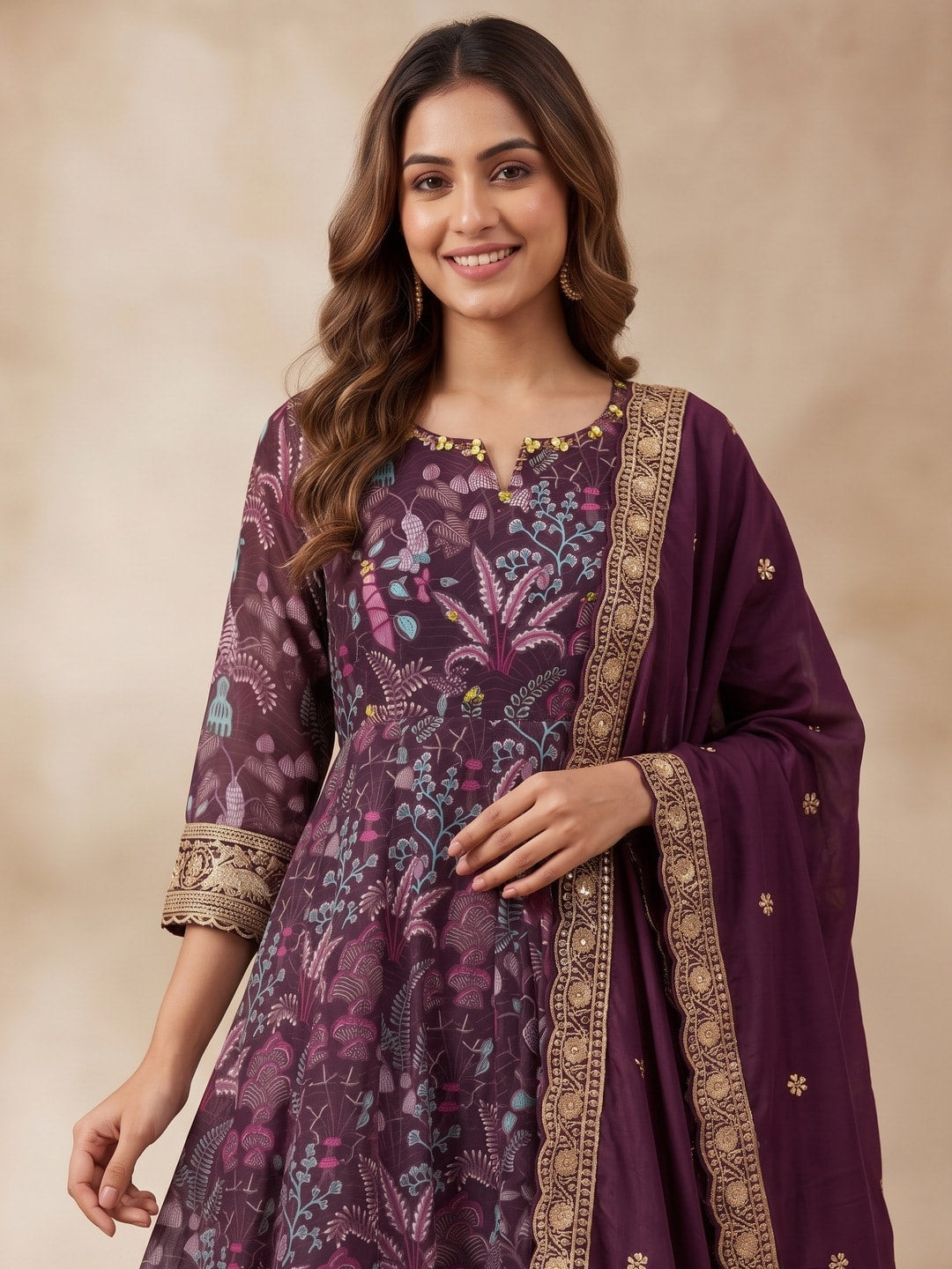 Peachmode Wine Chinon Blend Printed Anarkali Salwar Suit With Embroidered Dupatta - Image 5