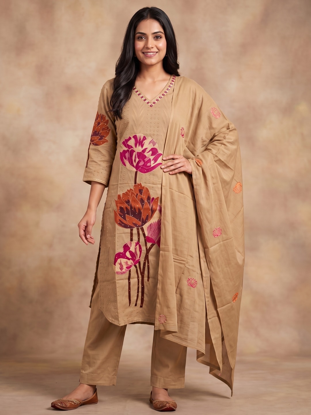 Peachmode Beige Cotton Dobby Salwar Suit With Lotus Applique - Image 1