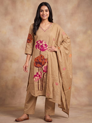 Peachmode Beige Cotton Dobby Salwar Suit With Lotus Applique - Image 1