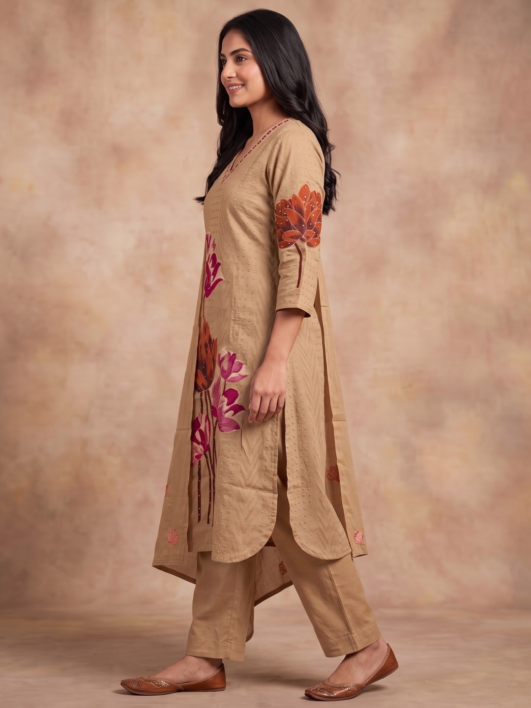 Peachmode Beige Cotton Dobby Salwar Suit With Lotus Applique - Image 3