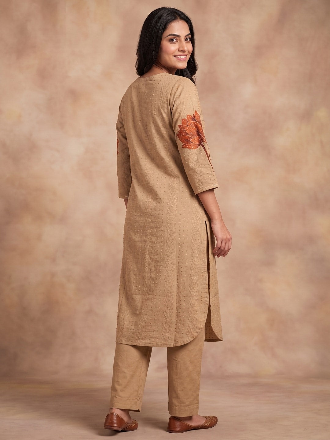 Peachmode Beige Cotton Dobby Salwar Suit With Lotus Applique - Image 4