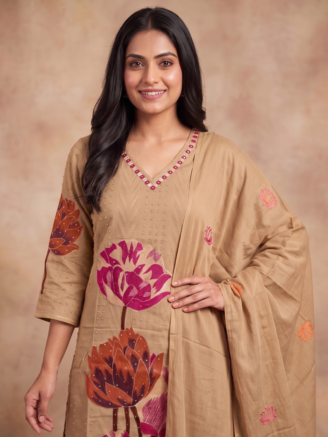 Peachmode Beige Cotton Dobby Salwar Suit With Lotus Applique - Image 5