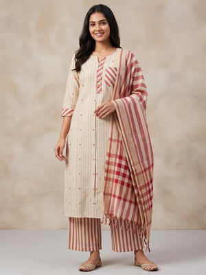 Peachmode Cream Cotton Striped Salwar Suit - Image 1