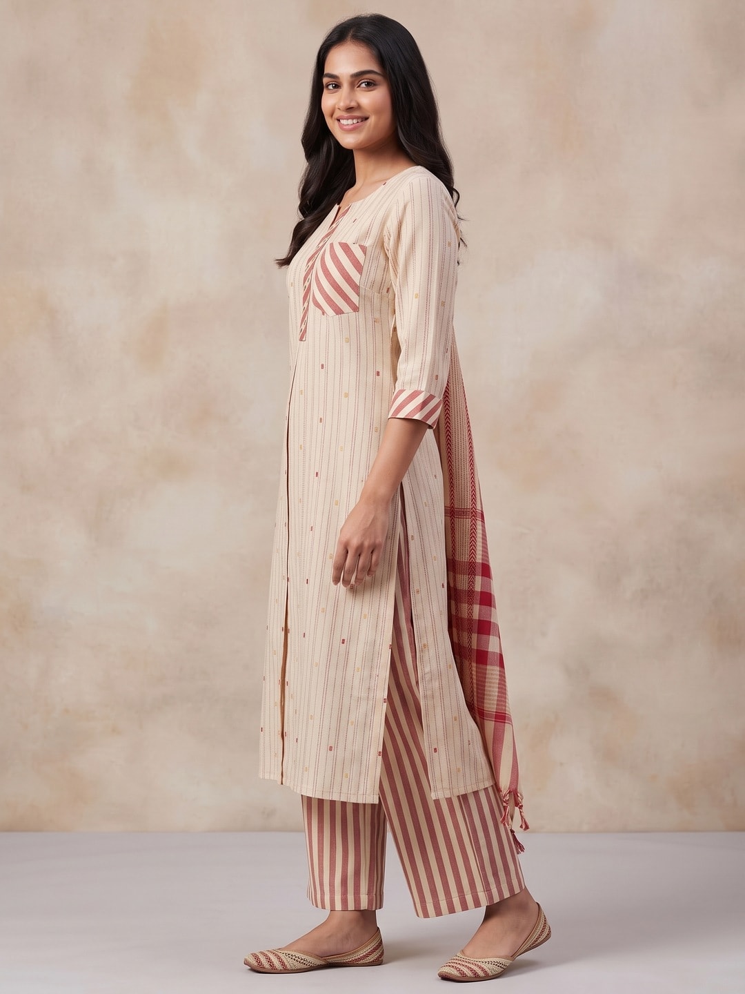 Peachmode Cream Cotton Striped Salwar Suit - Image 3