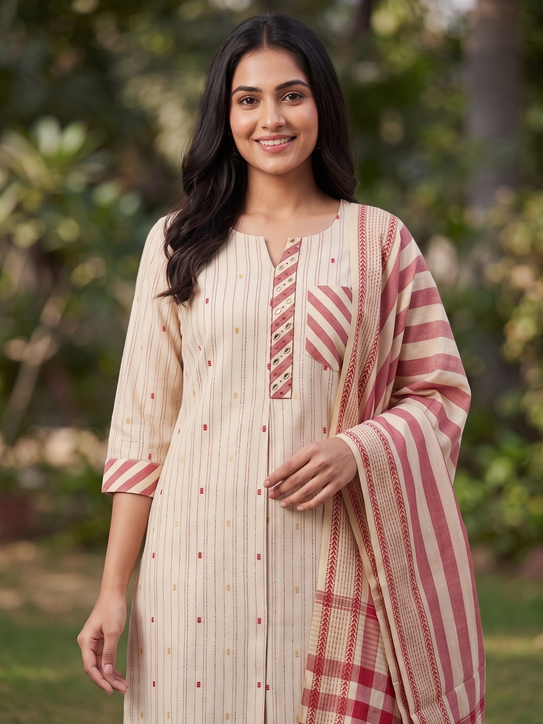 Peachmode Cream Cotton Striped Salwar Suit - Image 5