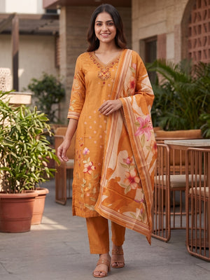 Peachmode Orange Muslin Embroidered Neck Salwar Suit - Image 2