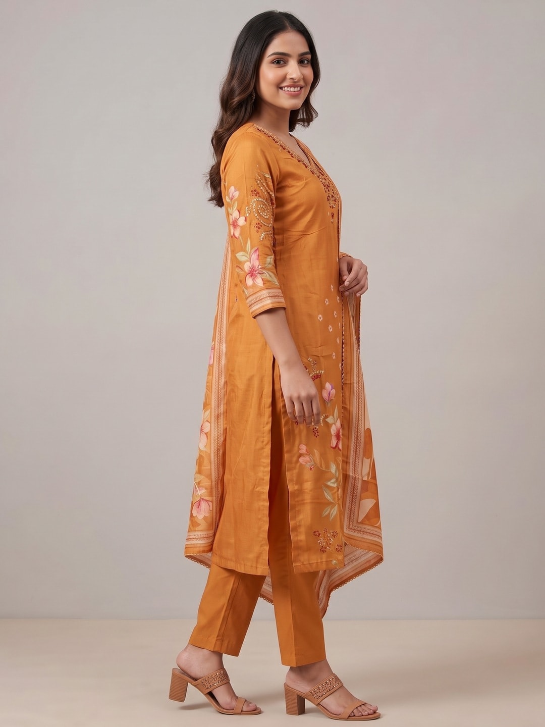 Peachmode Orange Muslin Embroidered Neck Salwar Suit - Image 3
