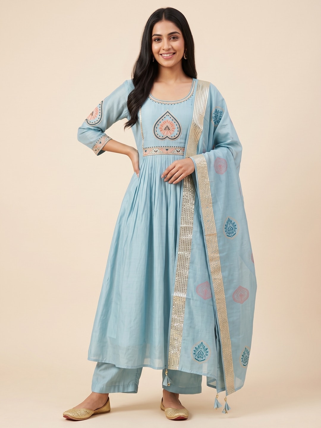 Peachmode Sky Blue Chanderi Silk Salwar Suit With Heart Motif Yoke - Image 1