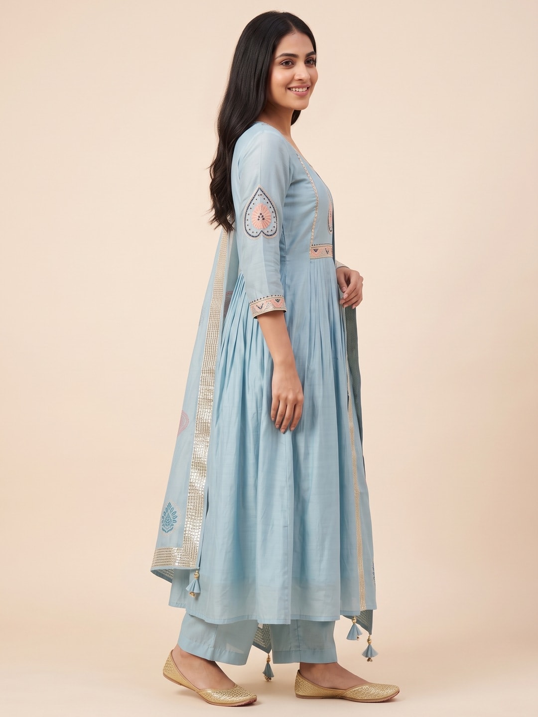 Peachmode Sky Blue Chanderi Silk Salwar Suit With Heart Motif Yoke - Image 3
