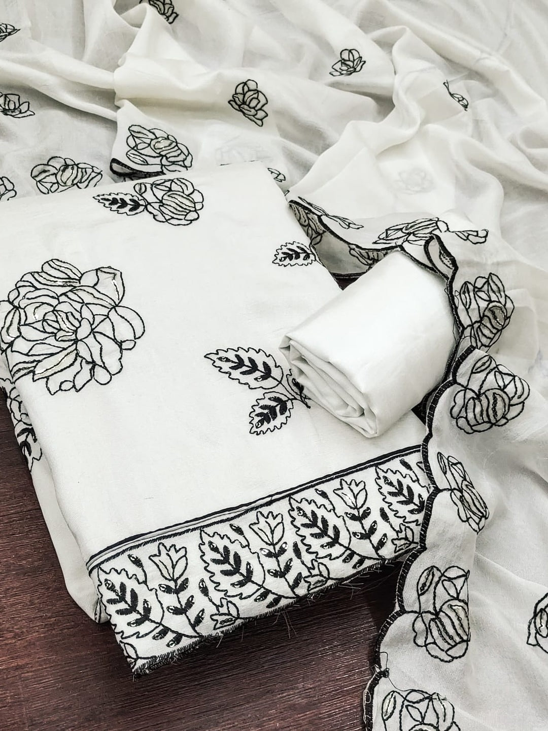 Peachmode White Vichitra Silk Unstitched Dress Material With Black Floral Sequence Work And Scalloped Embroidered Dupatta - Image 1
