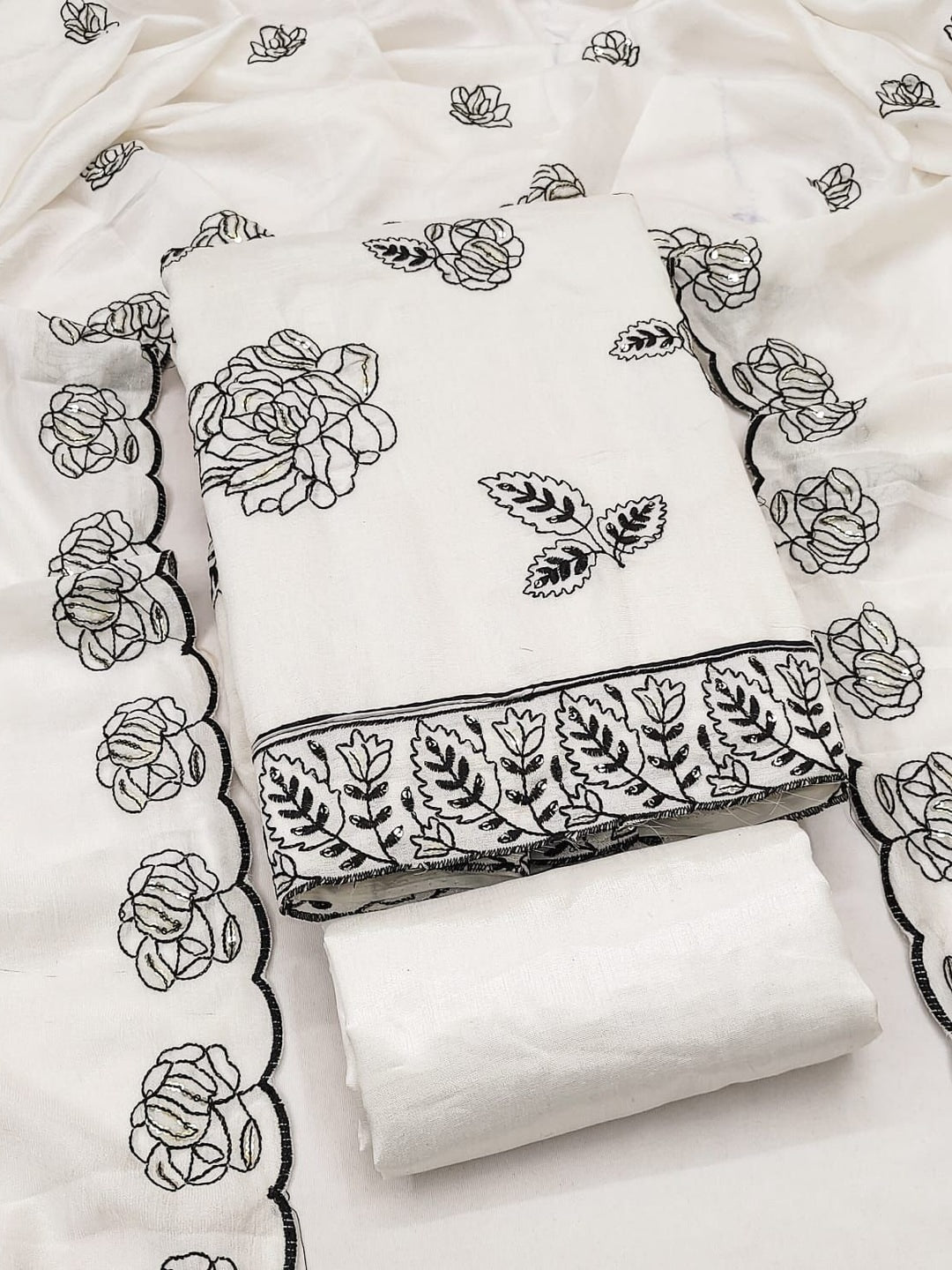 Peachmode White Vichitra Silk Unstitched Dress Material With Black Floral Sequence Work And Scalloped Embroidered Dupatta - Image 4
