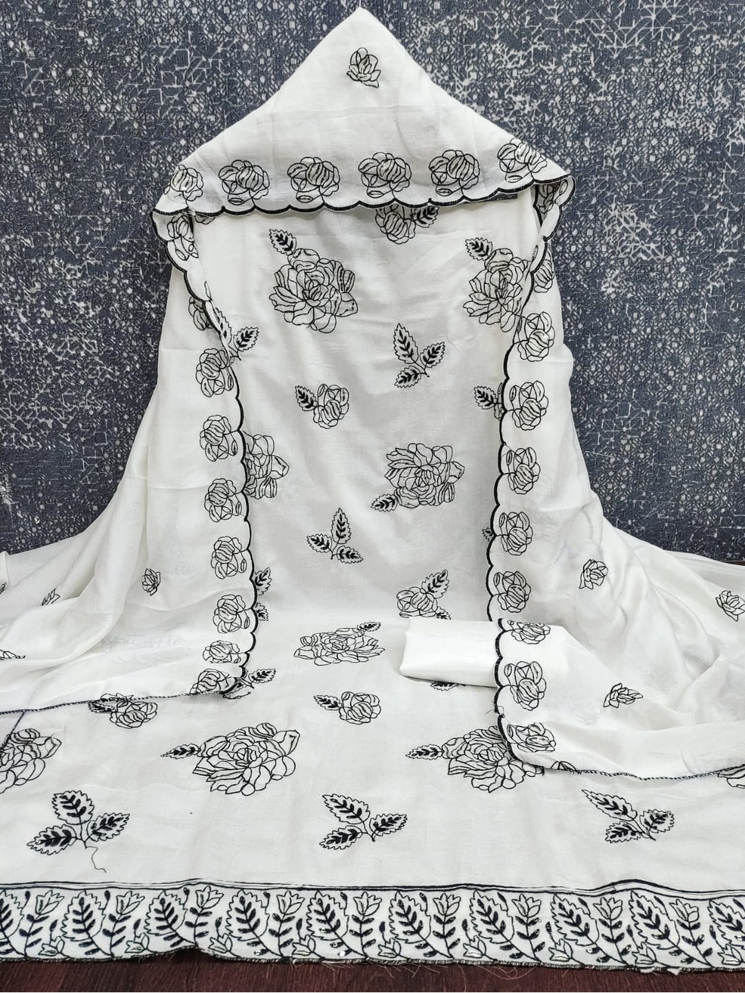 Peachmode White Vichitra Silk Unstitched Dress Material With Black Floral Sequence Work And Scalloped Embroidered Dupatta - Image 5