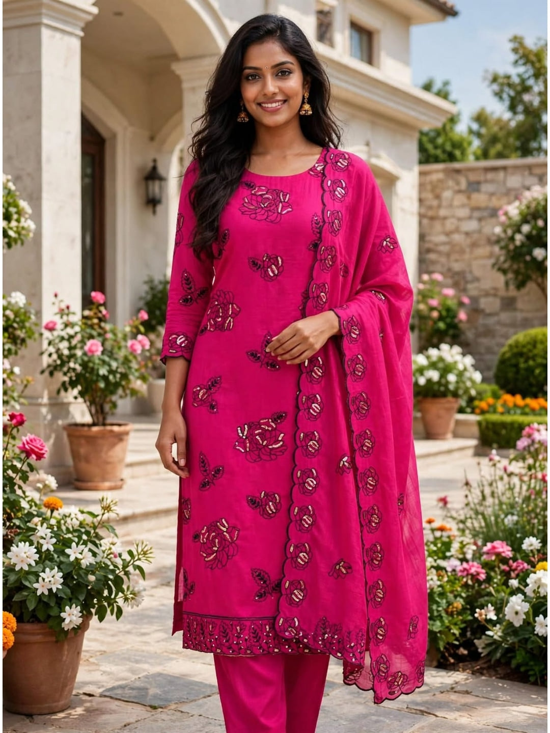 Peachmode Rani Pink Vichitra Silk Unstitched Dress Material With Black Floral Sequence Work And Scalloped Embroidered Dupatta - Image 2