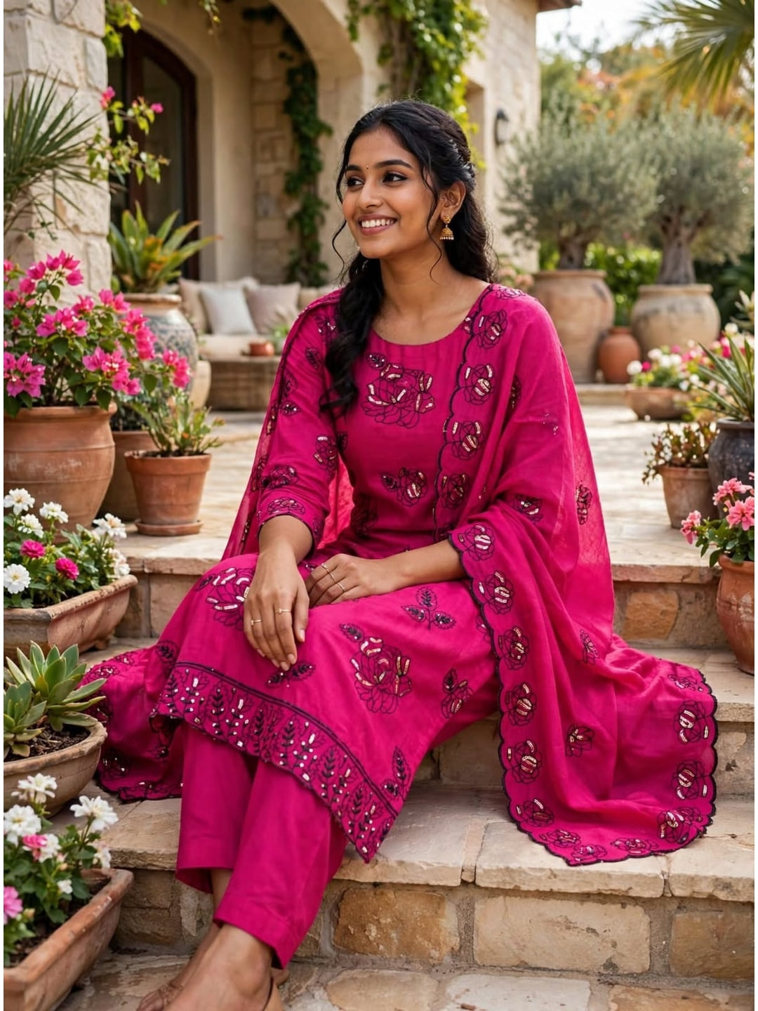 Peachmode Rani Pink Vichitra Silk Unstitched Dress Material With Black Floral Sequence Work And Scalloped Embroidered Dupatta - Image 3