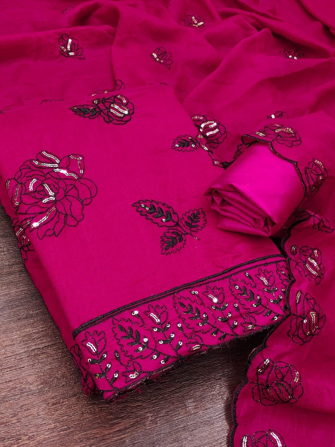 Peachmode Rani Pink Vichitra Silk Unstitched Dress Material With Black Floral Sequence Work And Scalloped Embroidered Dupatta - Image 4