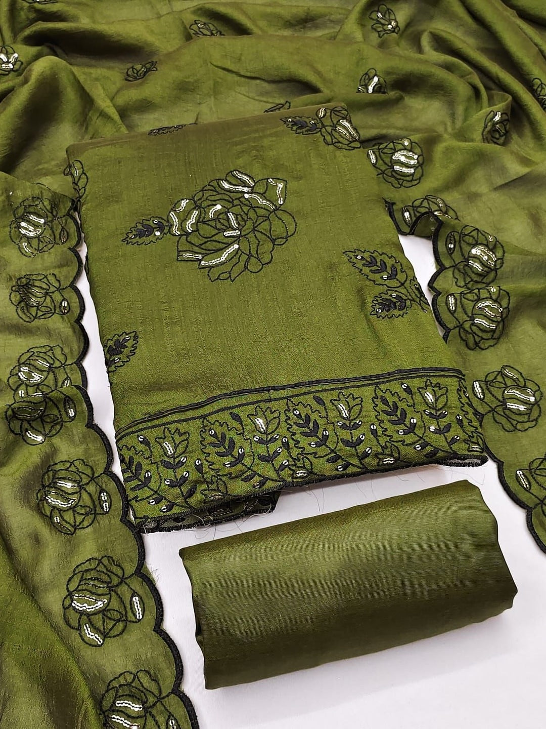 Peachmode Mehndi Green Vichitra Silk Unstitched Dress Material With Black Floral Sequence Work And Scalloped Embroidered Dupatta - Image 1