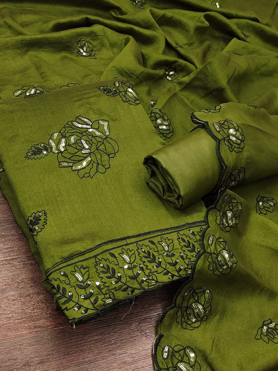 Peachmode Mehndi Green Vichitra Silk Unstitched Dress Material With Black Floral Sequence Work And Scalloped Embroidered Dupatta - Image 4