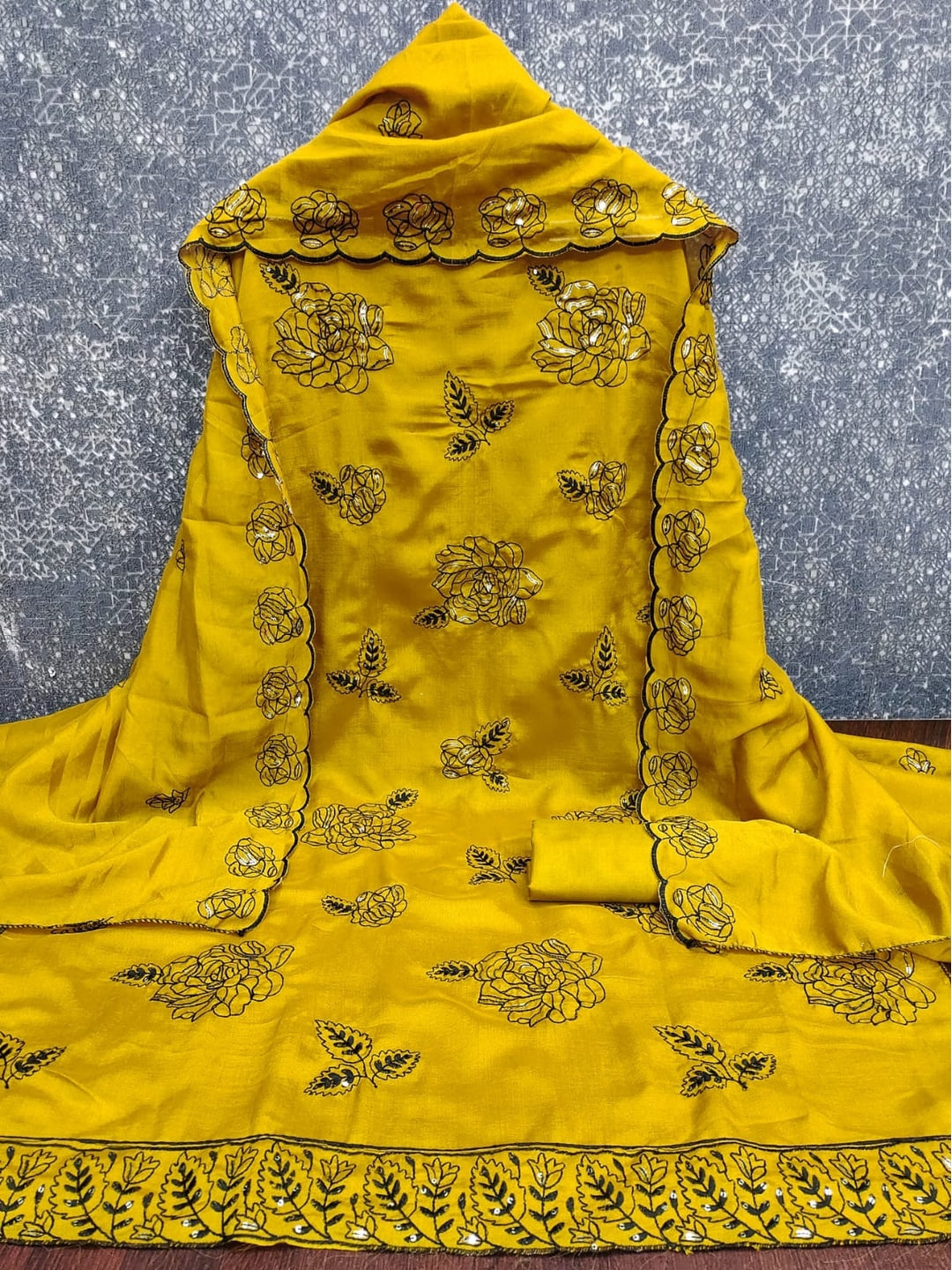 Peachmode Mustard Vichitra Silk Unstitched Dress Material With Black Floral Sequence Work And Scalloped Embroidered Dupatta - Image 5