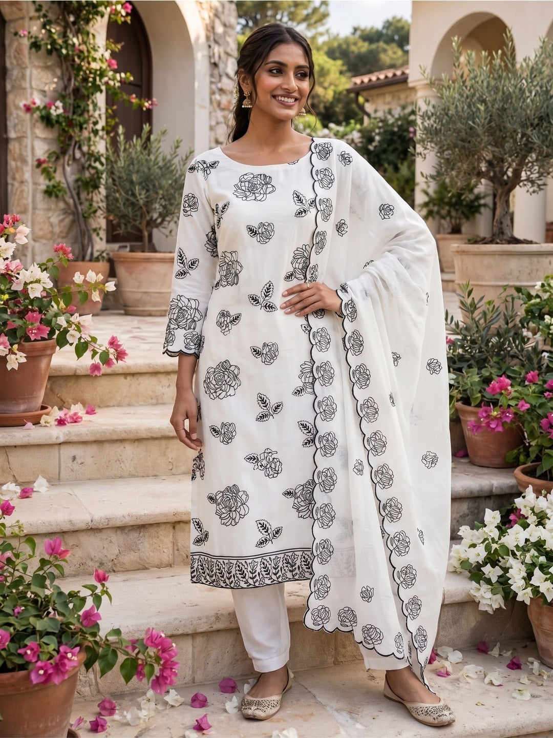 Peachmode White Vichitra Silk Unstitched Dress Material With Black Floral Sequence Work And Scalloped Embroidered Dupatta - Image 2