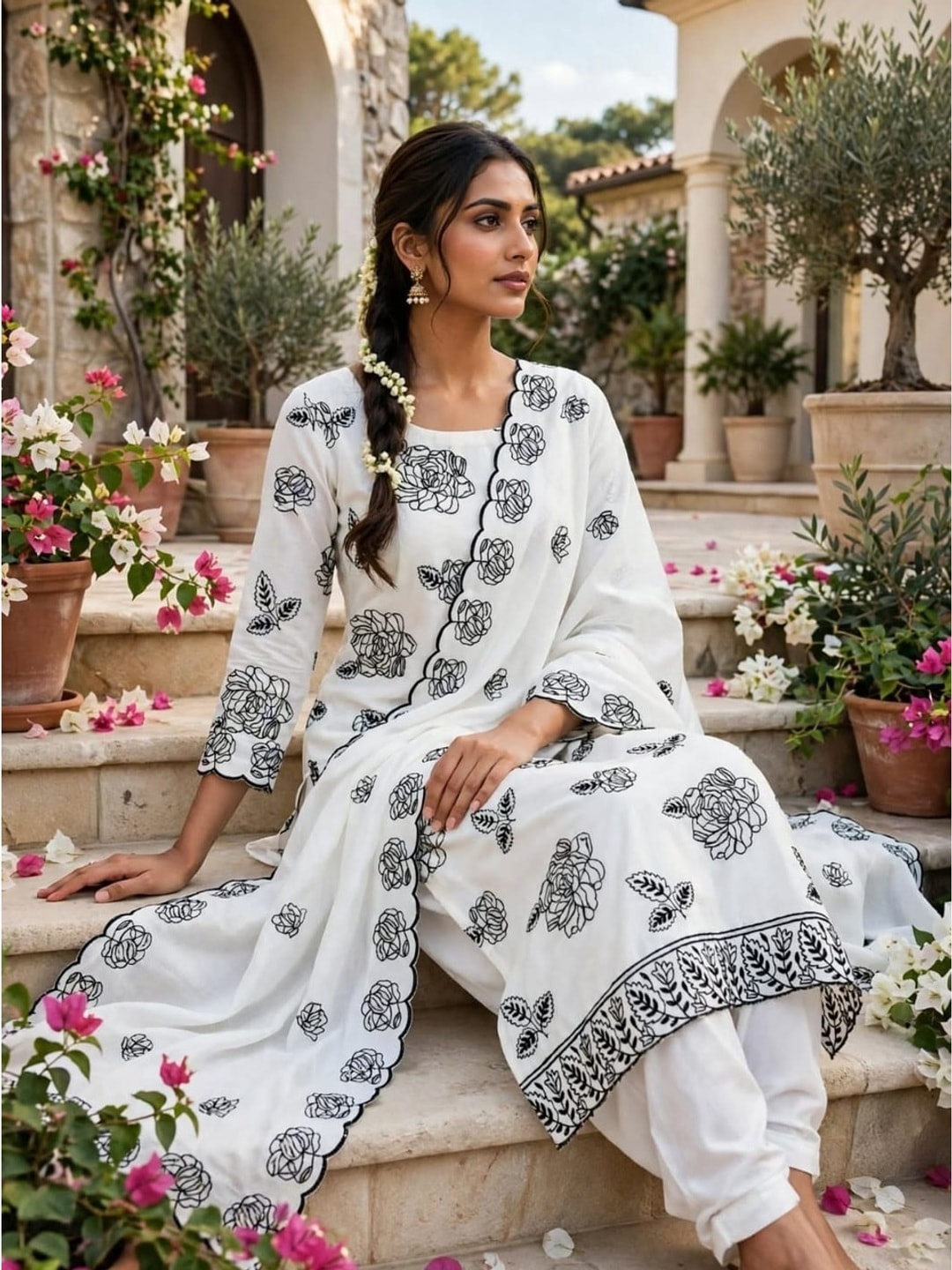 Peachmode White Vichitra Silk Unstitched Dress Material With Black Floral Sequence Work And Scalloped Embroidered Dupatta - Image 3