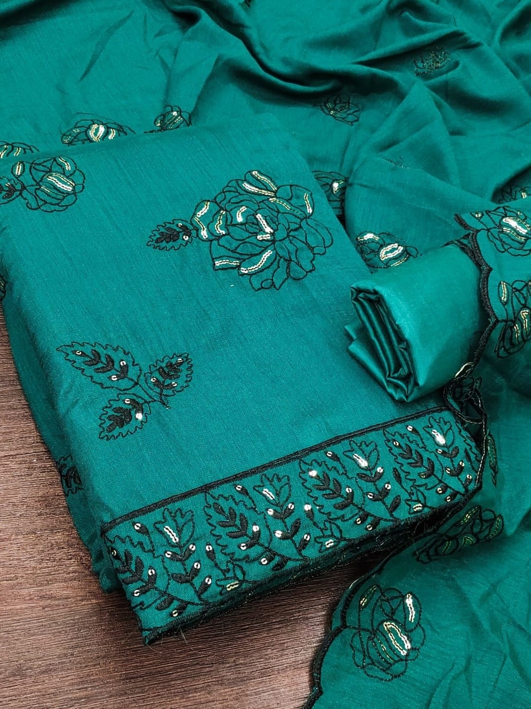Peachmode Teal Vichitra Silk Unstitched Dress Material With Black Floral Sequence Work And Scalloped Embroidered Dupatta - Image 4