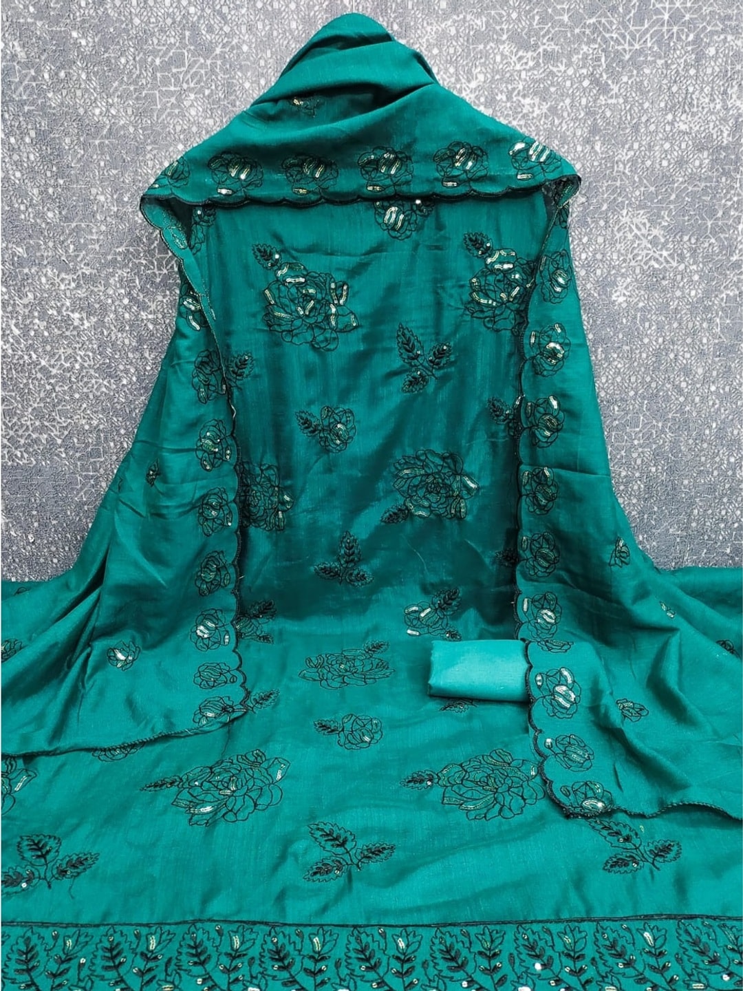 Peachmode Teal Vichitra Silk Unstitched Dress Material With Black Floral Sequence Work And Scalloped Embroidered Dupatta - Image 5