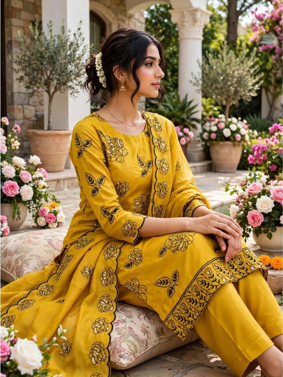 Peachmode Mustard Vichitra Silk Unstitched Dress Material With Black Floral Sequence Work And Scalloped Embroidered Dupatta - Image 3