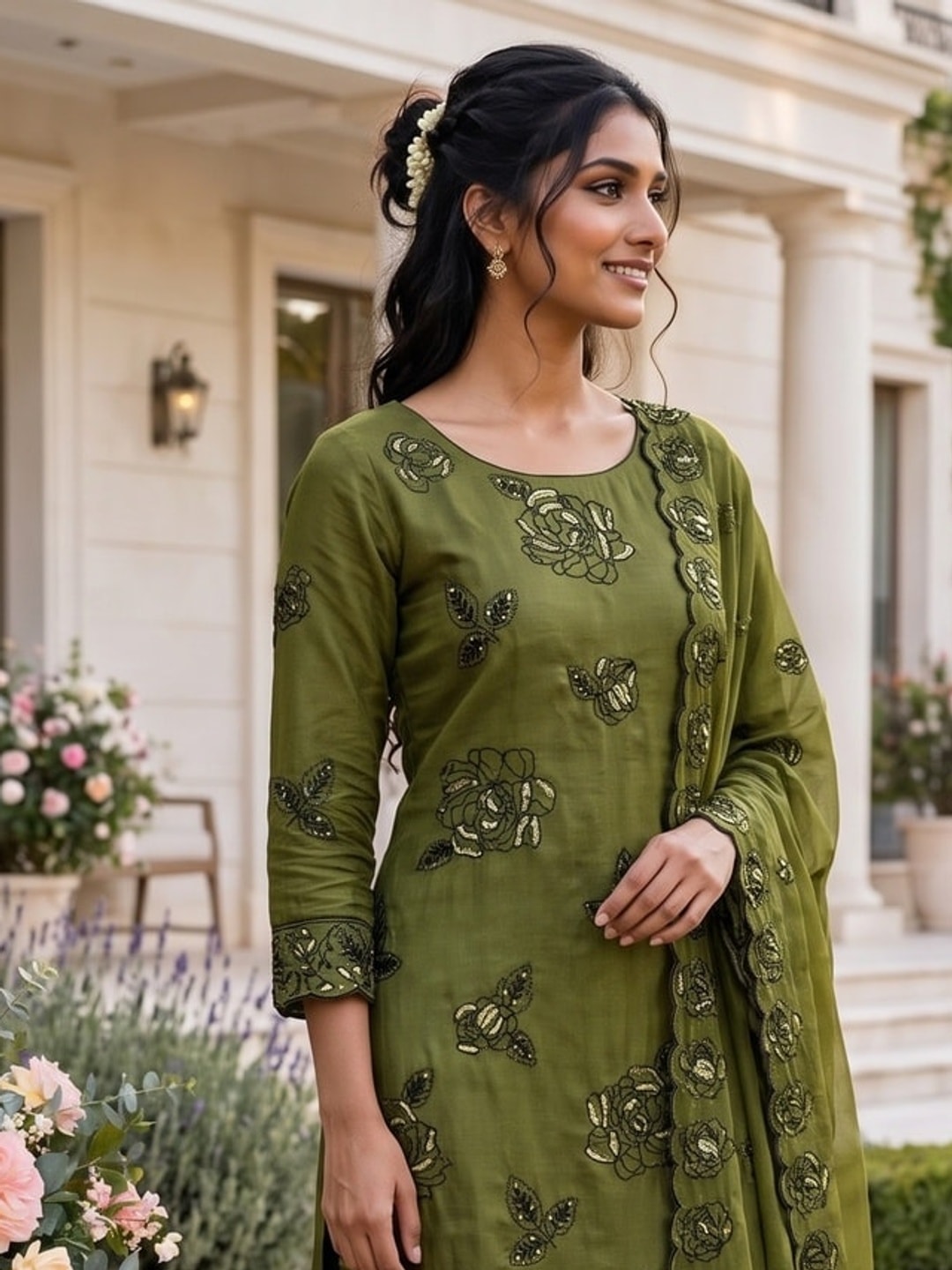 Peachmode Mehndi Green Vichitra Silk Unstitched Dress Material With Black Floral Sequence Work And Scalloped Embroidered Dupatta - Image 2