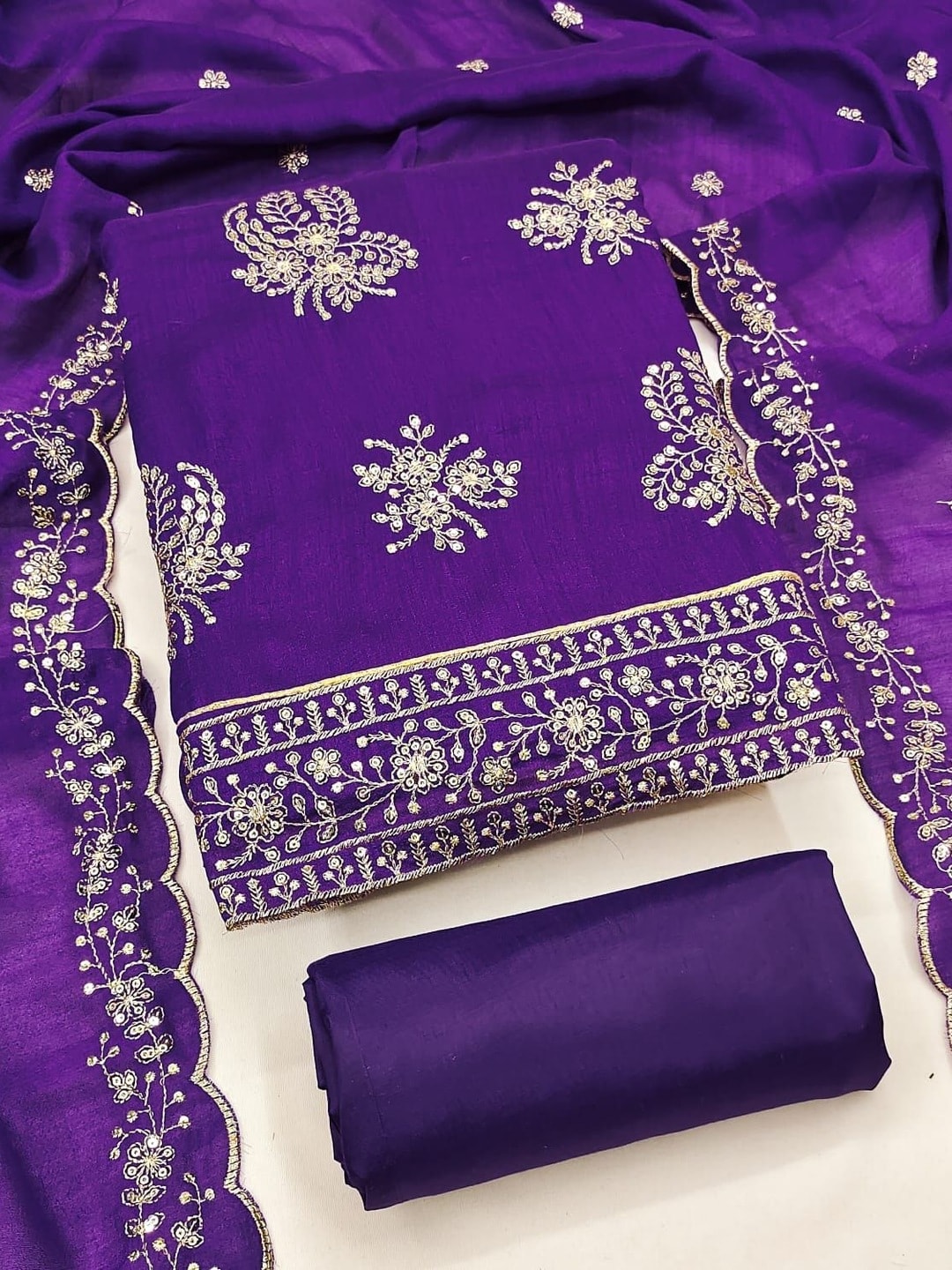 Peachmode Purple Vichitra Silk Unstitched Dress Material With Gold Butterfly Floral Sequence Work And Scalloped Embroidered Dupatta - Image 1