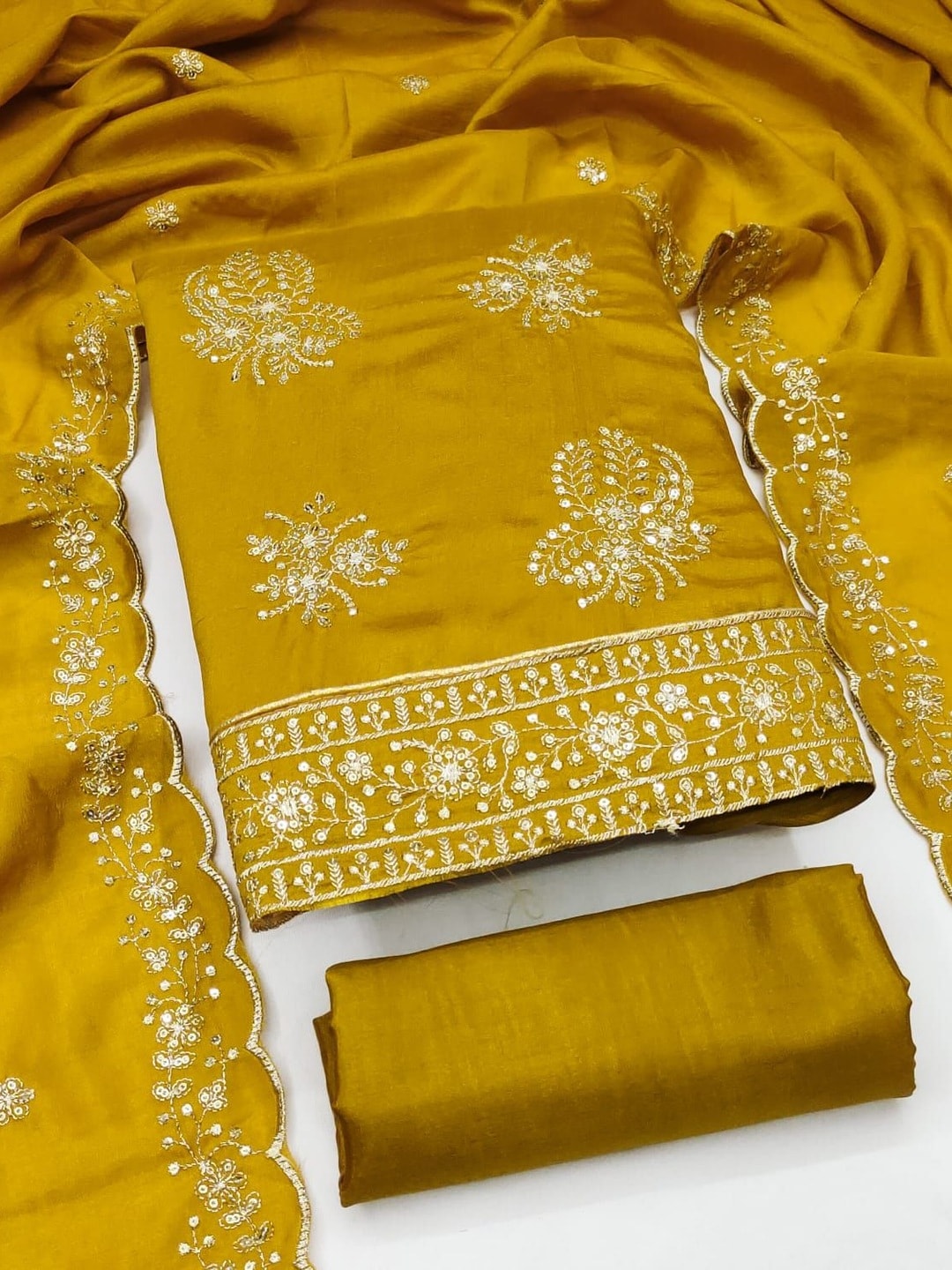 Peachmode Mustard Vichitra Silk Unstitched Dress Material With Gold Butterfly Floral Sequence Work And Scalloped Embroidered Dupatta - Image 1