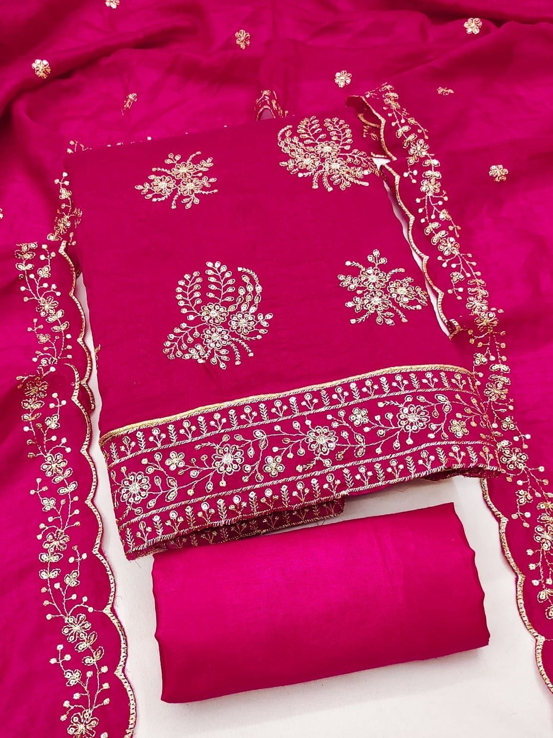 Peachmode Rani Pink Vichitra Silk Unstitched Dress Material With Gold Butterfly Floral Sequence Work And Scalloped Embroidered Dupatta - Image 1
