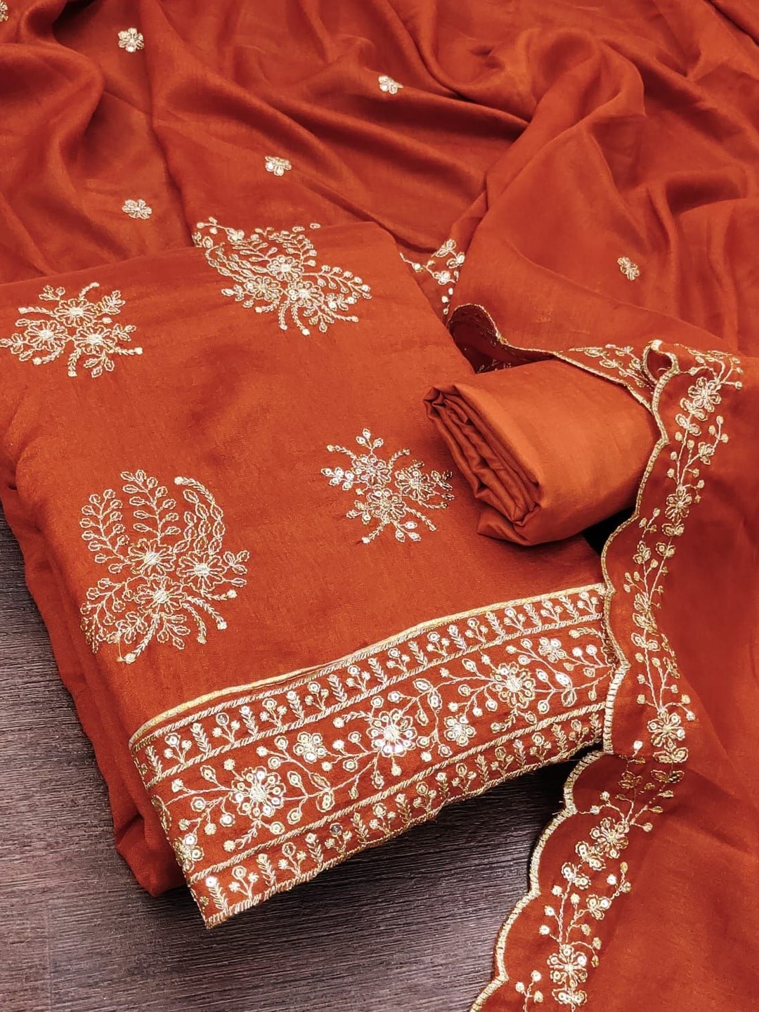 Peachmode Rust Vichitra Silk Unstitched Dress Material With Gold Butterfly Floral Sequence Work And Scalloped Embroidered Dupatta - Image 4