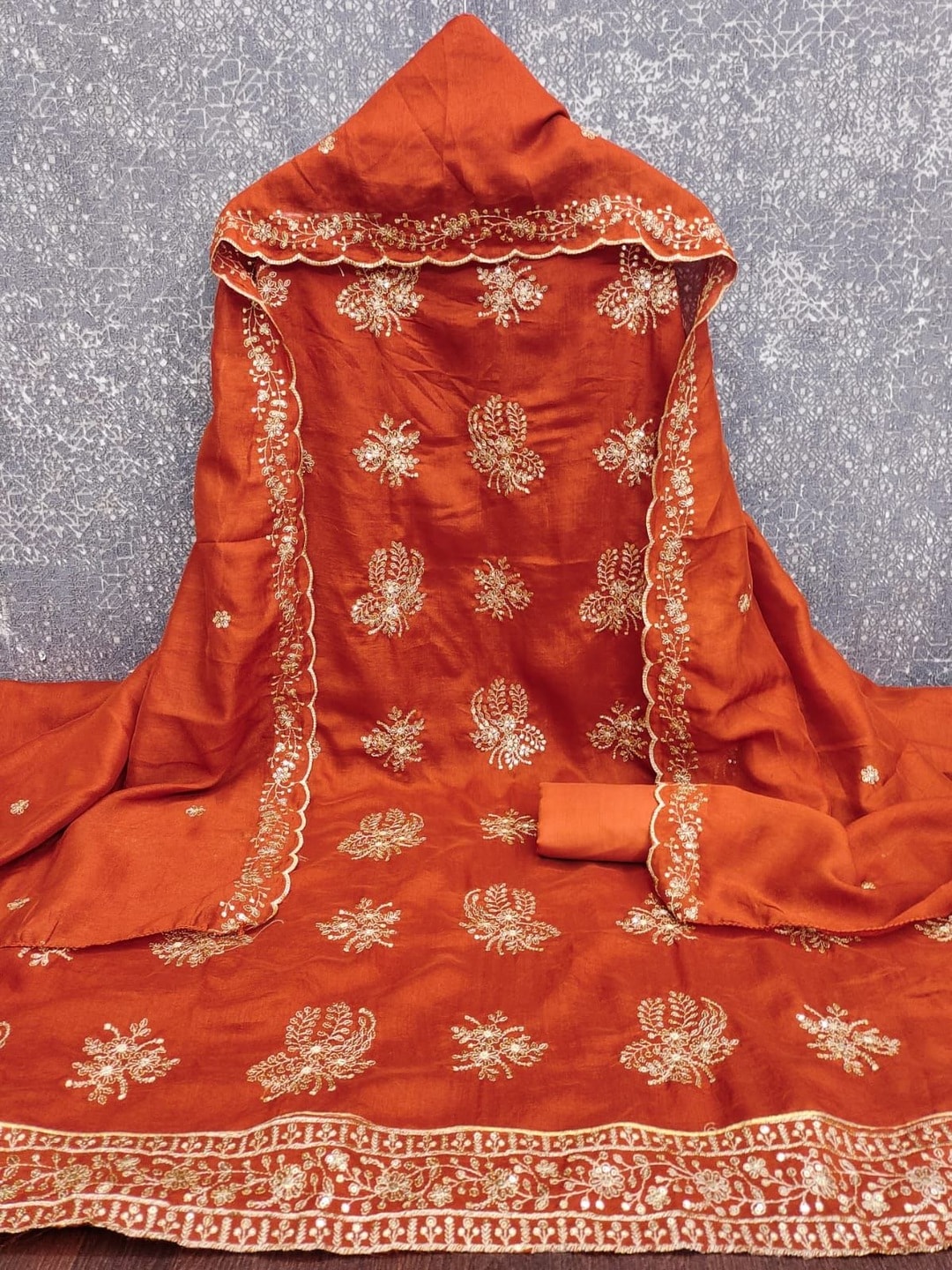 Peachmode Rust Vichitra Silk Unstitched Dress Material With Gold Butterfly Floral Sequence Work And Scalloped Embroidered Dupatta - Image 5