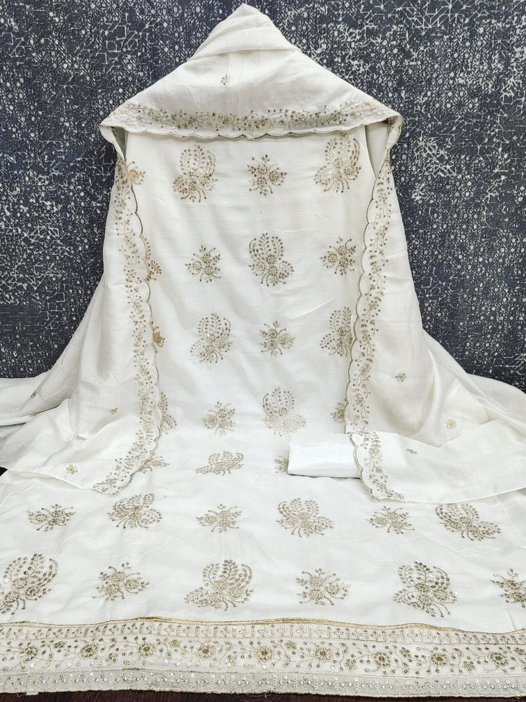 Peachmode White Vichitra Silk Unstitched Dress Material With Gold Butterfly Floral Sequence Work And Scalloped Embroidered Dupatta - Image 5