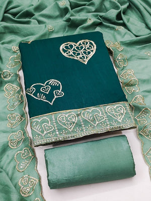 Peachmode Teal Vichitra Silk Unstitched Dress Material With Gold Heart Motif Sequence Work And Contrast Scalloped Dupatta - Image 1