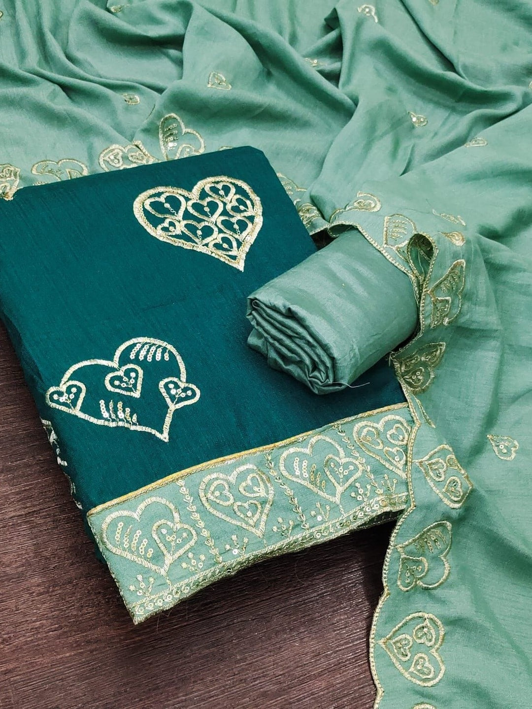 Peachmode Teal Vichitra Silk Unstitched Dress Material With Gold Heart Motif Sequence Work And Contrast Scalloped Dupatta - Image 4