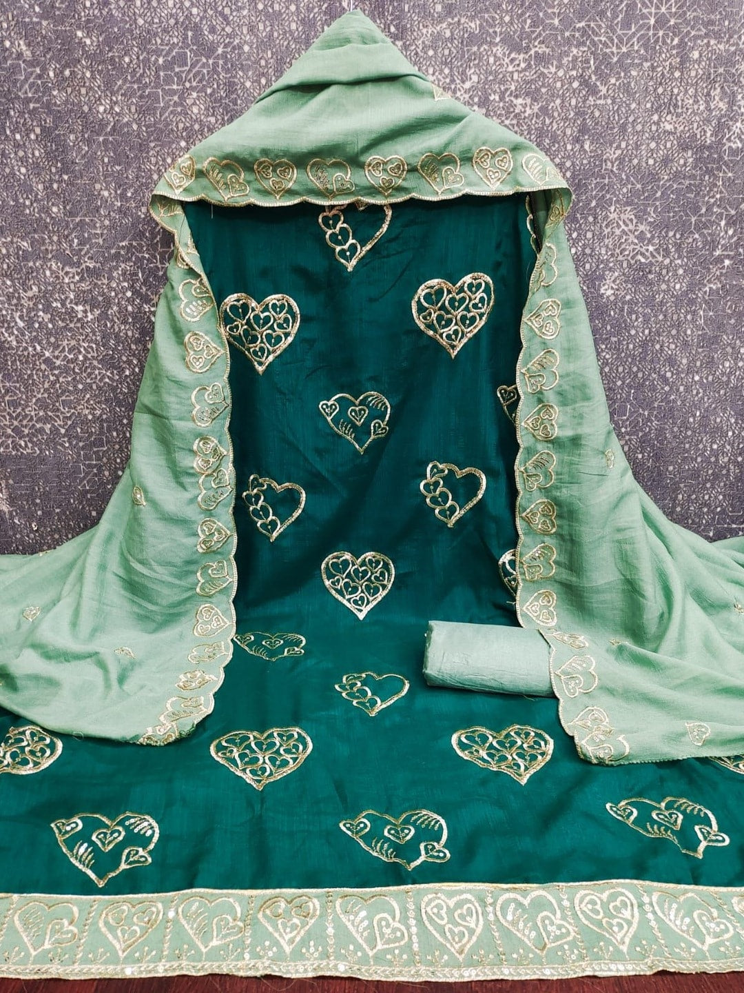Peachmode Teal Vichitra Silk Unstitched Dress Material With Gold Heart Motif Sequence Work And Contrast Scalloped Dupatta - Image 5