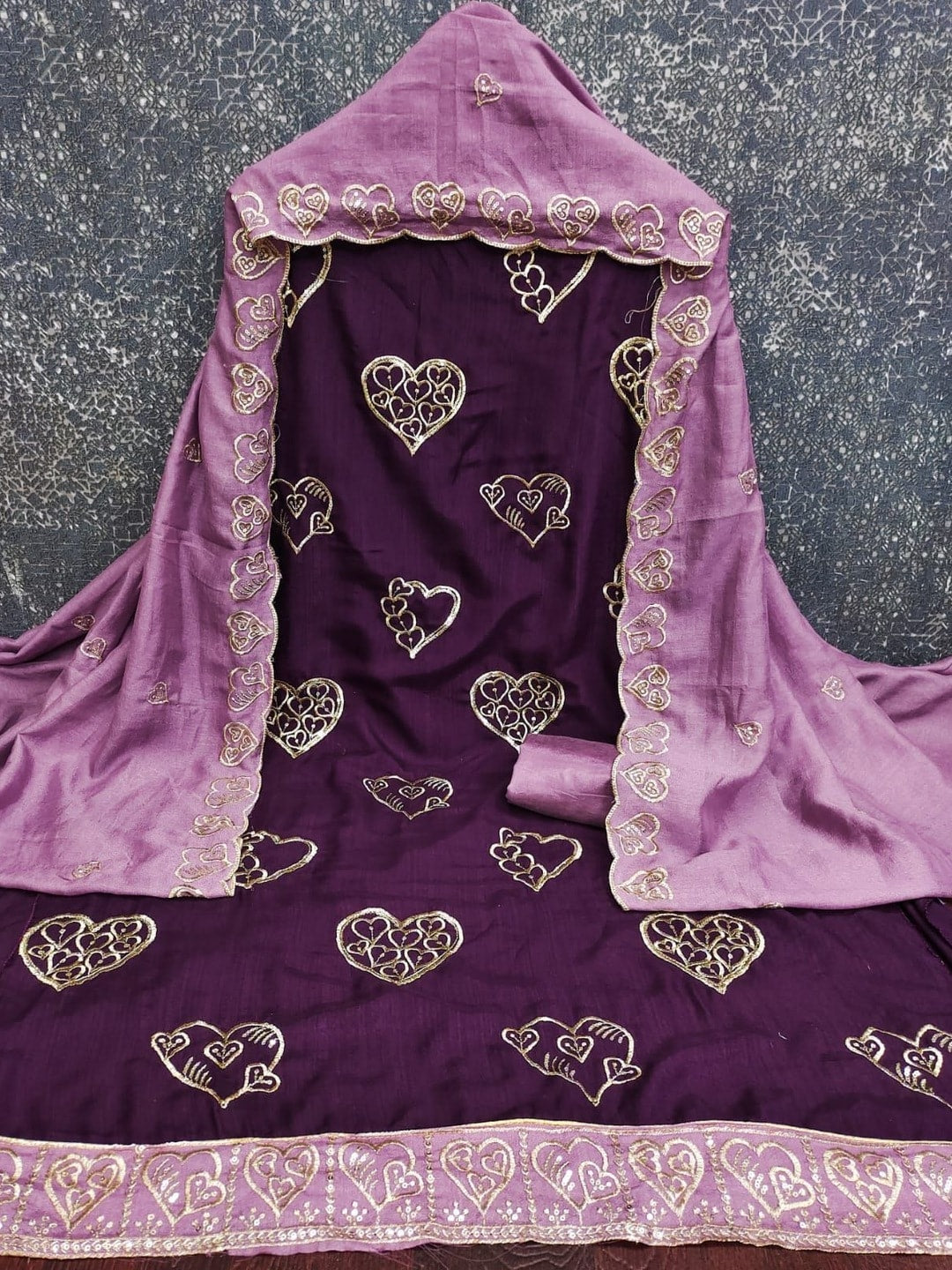Peachmode Wine Vichitra Silk Unstitched Dress Material With Gold Heart Motif Sequence Work And Contrast Scalloped Dupatta - Image 5