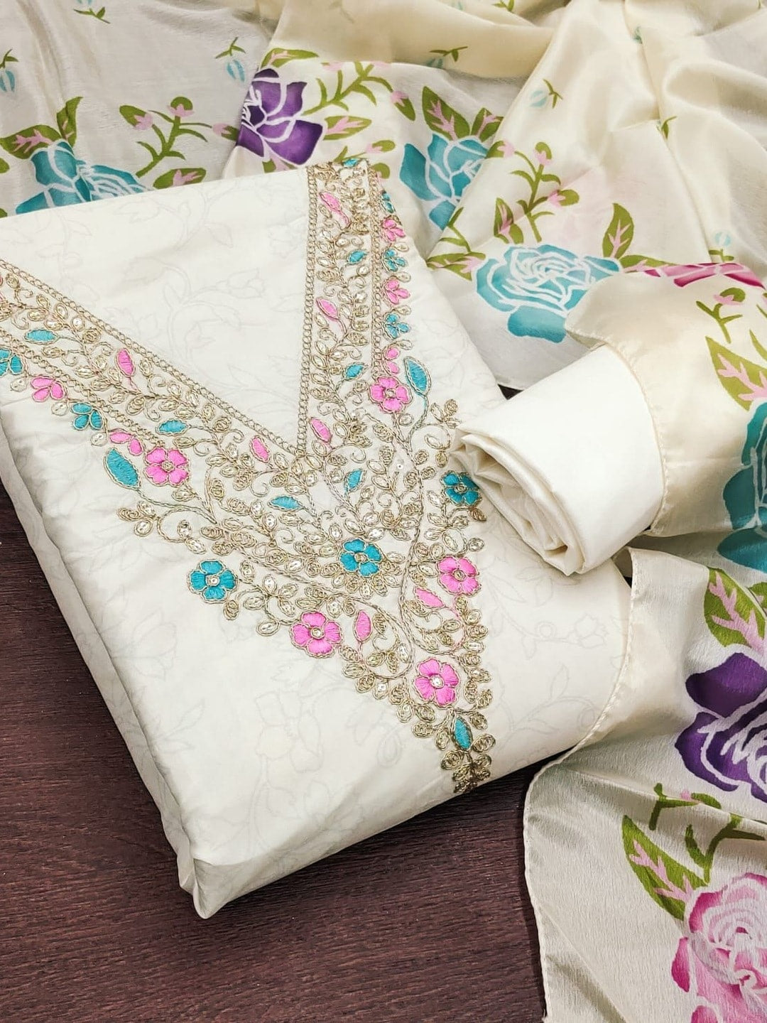 Peachmode White French Crepe Unstitched Dress Material With Embroidered Floral Neck And Digital Rose Print Chinon Dupatta - Image 1