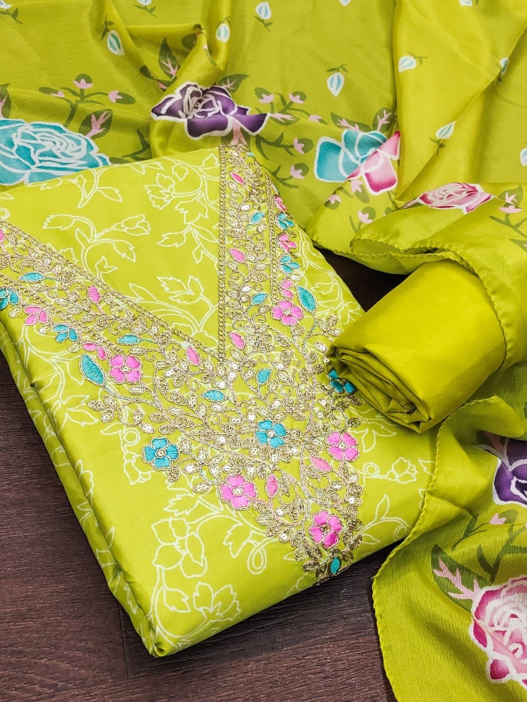 Peachmode Lime Green French Crepe Unstitched Dress Material With Embroidered Floral Neck And Digital Rose Print Chinon Dupatta - Image 1