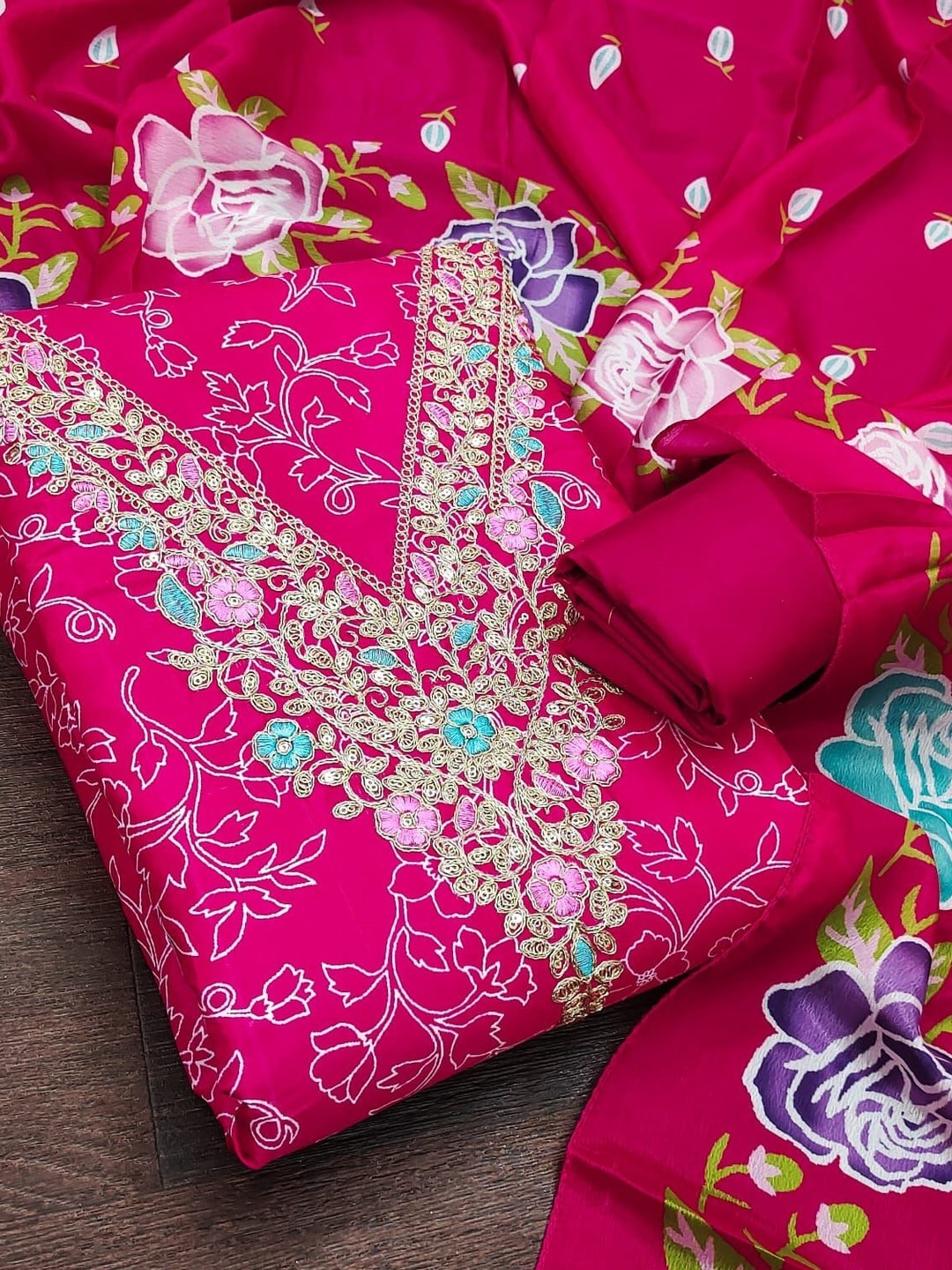 Peachmode Rani Pink French Crepe Unstitched Dress Material With Embroidered Floral Neck And Digital Rose Print Chinon Dupatta - Image 1