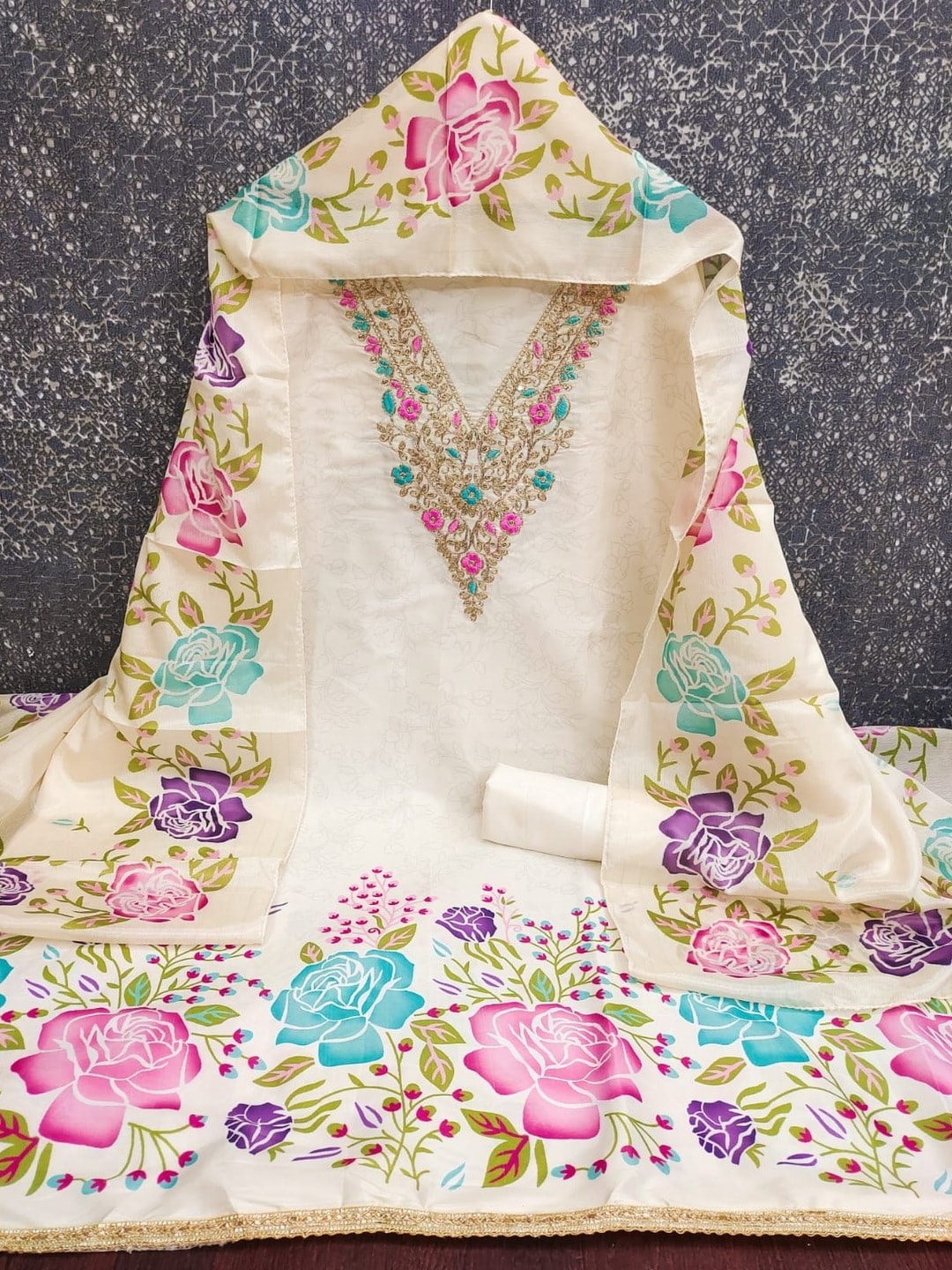Peachmode White French Crepe Unstitched Dress Material With Embroidered Floral Neck And Digital Rose Print Chinon Dupatta - Image 5