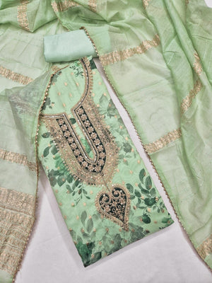 Peachmode Mint Green Chanderi Jacquard Unstitched Dress Material With Floral Print And Embroidered U Neck And Lace Edge Dupatta - Image 1