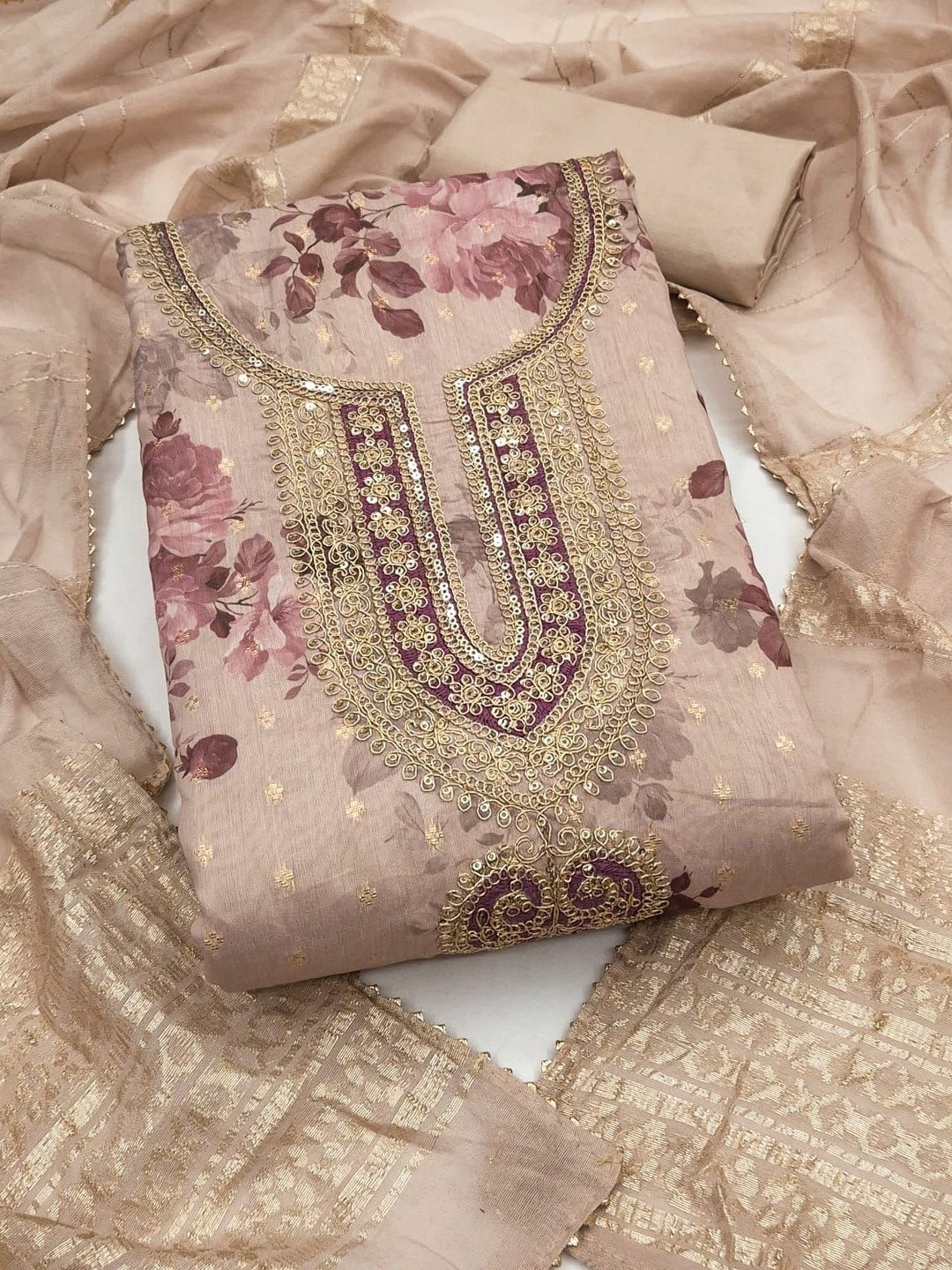 Peachmode Fawn Chanderi Jacquard Unstitched Dress Material With Floral Print And Embroidered U Neck And Lace Edge Dupatta - Image 1