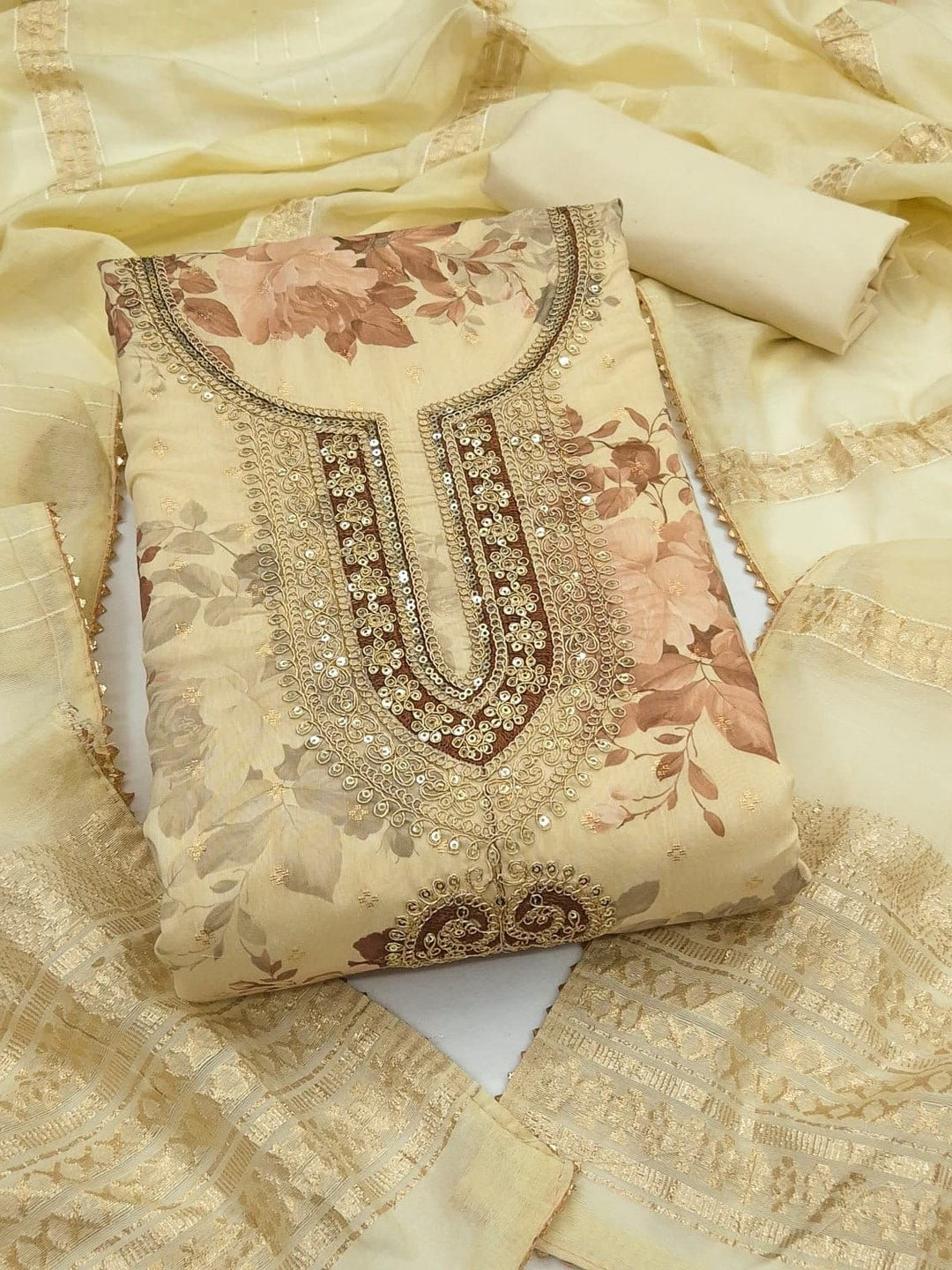 Peachmode Cream Chanderi Jacquard Unstitched Dress Material With Floral Print And Embroidered U Neck And Lace Edge Dupatta - Image 1