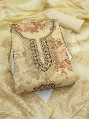 Peachmode Cream Chanderi Jacquard Unstitched Dress Material With Floral Print And Embroidered U Neck And Lace Edge Dupatta - Image 1