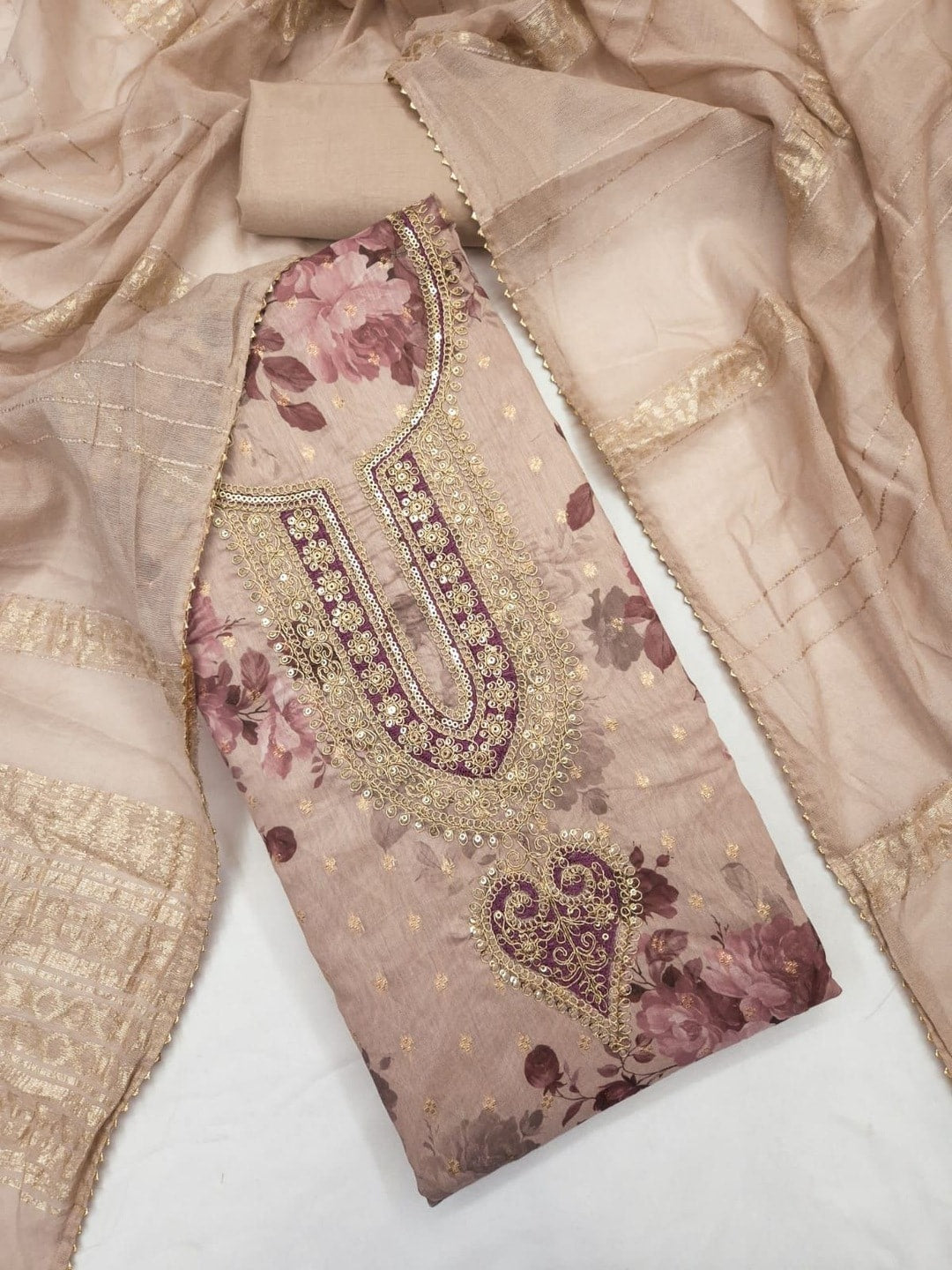 Peachmode Fawn Chanderi Jacquard Unstitched Dress Material With Floral Print And Embroidered U Neck And Lace Edge Dupatta - Image 4