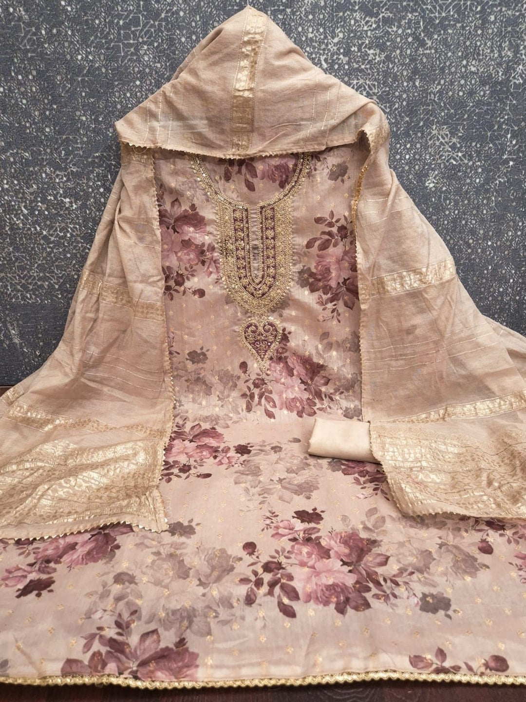 Peachmode Fawn Chanderi Jacquard Unstitched Dress Material With Floral Print And Embroidered U Neck And Lace Edge Dupatta - Image 5
